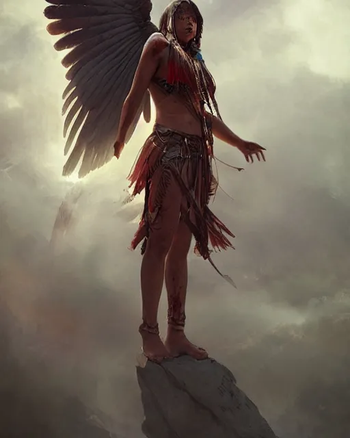 Image similar to an indigenous warrior with angelic wings, by tsuyoshi nagano, by greg rutkowski, dramatic lighting, blood, god rays, angelical