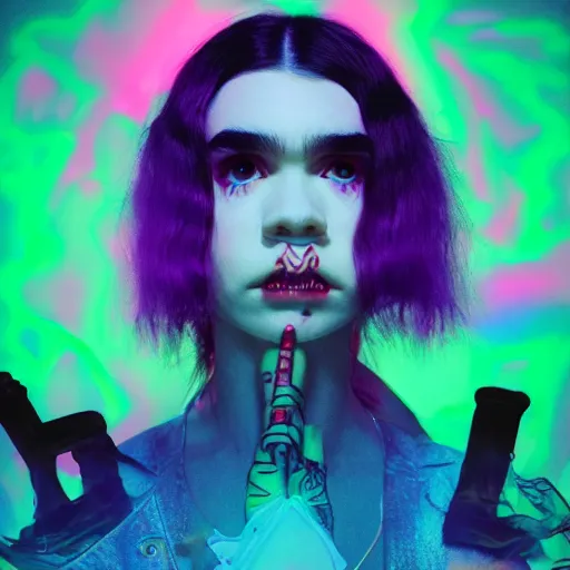 Prompt: an album cover of Grimes inside of a neon lit motherboad