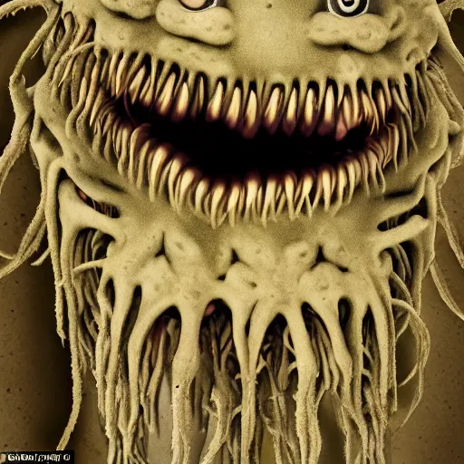 Image similar to a very strange creature made of cronenberg schmutz and drips, mucus, hairy, skin parts, fuzzy disgusting teeth, saliva nasty