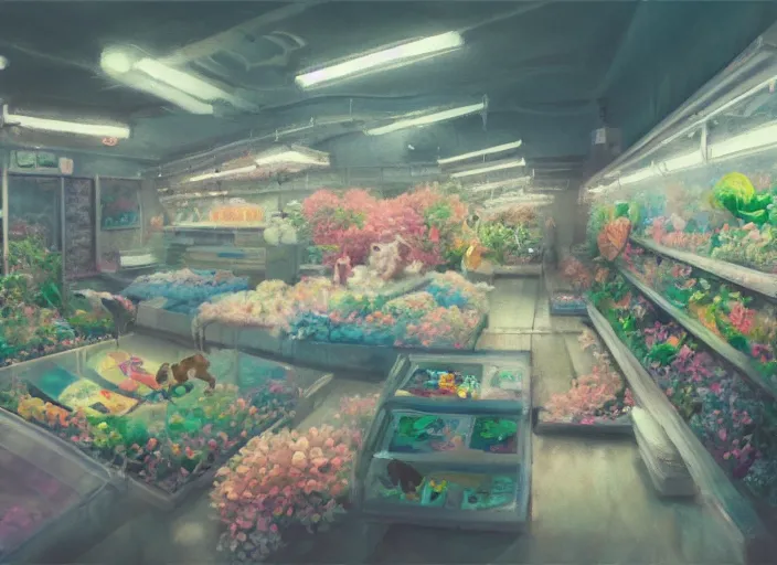 Image similar to bright cheery placid pastel deep cozy moody cluttered painterly fluffy tiny cramped live pet store, aisles of aquariums, slanted ceiling, tiny space, particulate, trending on pixiv