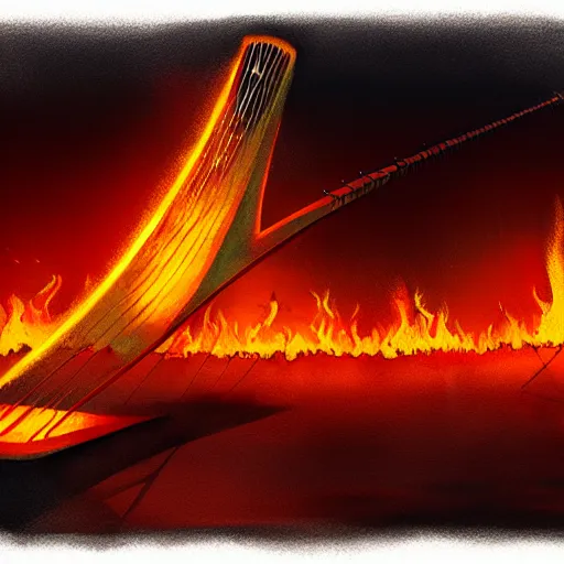 Image similar to in the lower part of the picture is the harp burning in the fire, above are cranes flying in flames, digital painting, concept art