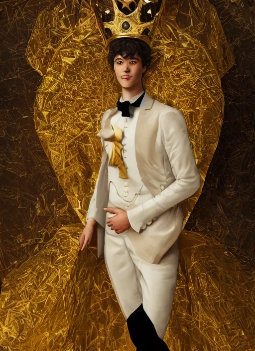 Prompt: young handsome Camilo as a paper man wearing a golden crown and a black tissue paper prince tuxedo by Prada. ethereal, fantasy, Lawrence Alma-Tadema, James Jean, oozium, peter morbacher, angelarium, alchemy, luxury, heavenly light, Soft illumination, Trending on artstation, Cinematic Lighting, very detailed, 3D, octane render, artgerm