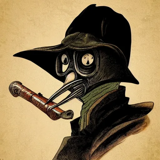 Image similar to a portrait of a plague doctor gunslinger, dark fantasy, horror, western, hell, ultrafine detailed digital pencil art by takeshi obata and mike mignola and irving penn, death note style, colored, symmetric body, cgsociety, sharp focus, detailed face, looking at the camera and pointing with a big gun