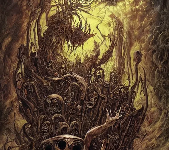 Prompt: A horror illustration design of a prophecy book from hell revealing the fate of mankind,by M.W.kaluta , Andrew Ferez , Billelis ,aaron horkey, peter gric,trending on pinterest,rococo,hyperreal,maximalist,glittering,feminine-H 768