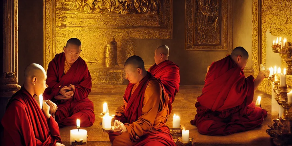 Prompt: beautiful oil matte portrait painting, tibetan monks praying to a candle - lit altar inside a tibetan temple, wonderful masterpiece highly detailed, beautiful cinematic light deep focus, elegant, digital painting, smooth, sharp focus, golden ratio, dramatic illumination, ultra realistic, 8 k, art by artemisia lomi gentileschi and caravaggio
