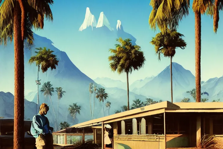 Image similar to natural american landscape | abandoned motel | palm trees | snowy mountains, painting by syd mead and weta studio and moebius and james jean and frank frazetta, highly detailed, rule of third, soft lighting, 8 k resolution, oil on canvas, architectural magazine, beautiful detailed, insanely intricate details, artstation trending, hypermaximalistic, high details, cinematic