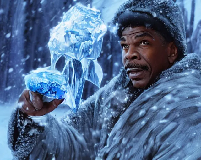 Image similar to keith david as a powerful ice mage casting a snow spell, fantasy art, extremely detailed, high quality, award - winning,