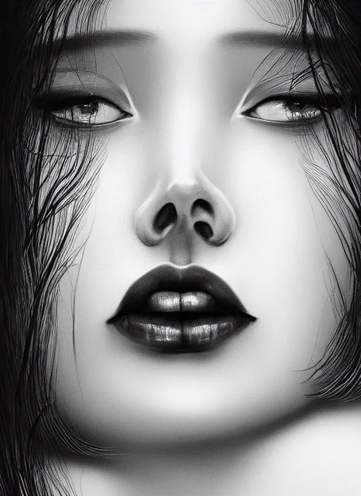 Prompt: a black and white photo of a woman's face, a photorealistic painting by sim sa - jeong, cgsociety, art photography, genderless, behance hd, deviantart