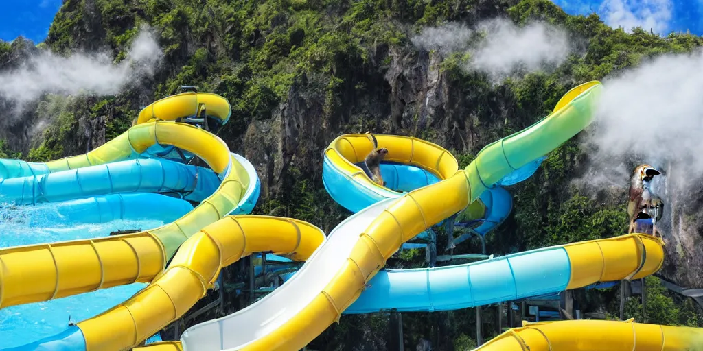 Prompt: elaborate waterslide park in the clouds with otters playing on the slides