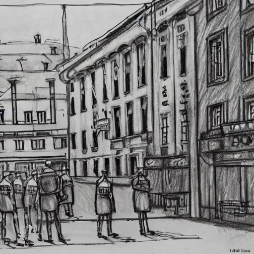 Image similar to the drawing depicts a police station in the lithuanian city of vilnius. in the foreground, a group of policemen are standing in front of the building, while in the background a busy street can be seen. indian by peter sculthorpe dismal