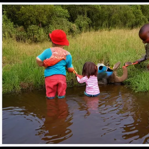 Prompt: Toddlers in river, coloring for elephants