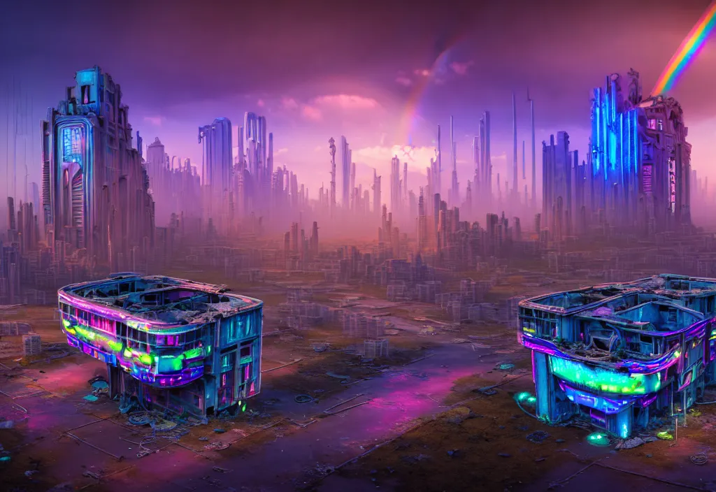 Image similar to A highly detailed crisp unreal engine render of aerial drone photo of A beautiful futuristic cyberpunk abandoned city building with neon, plants, perfect well made rainbow on the sky, sunlight breaking through clouds, debris on the ground, abandoned machines bright warm colors by wangchen-cg, 王琛,Neil blevins, artstation, Isometric japanese city, volumetrics, 3d render, octane render, Gediminas Pranckevicius