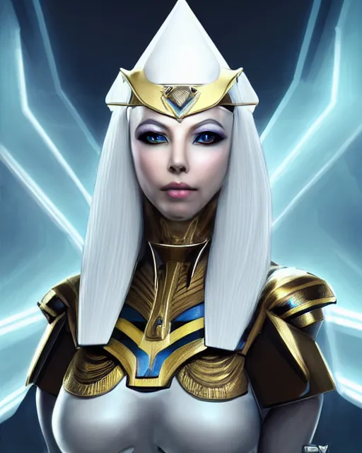 Image similar to perfect white haired attractive egyptian goddess, warframe armor, pharaoh headdress, beautiful, symmetric, dreamy, half asian, pretty face, green eyes, charlize theron, detailed, scifi platform, laboratory, experiment, 4 k, ultra realistic, epic lighting, android body, illuminated, cinematic, masterpiece, art by akihito tsukushi, voidstar