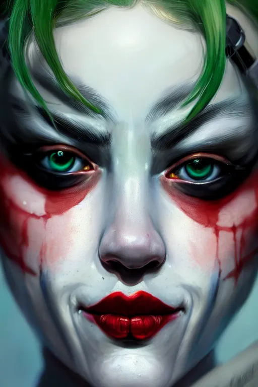 Image similar to ultra detailed close up facial portrait of harley quinn, green eyes, sharp bone structure, extremely detailed digital painting, in the style of fenghua zhong and ruan jia and jeremy lipking and peter mohrbacher, mystical colors, rim light, beautiful lighting, 8 k, stunning scene, raytracing, octane, trending on artstation