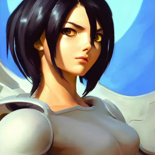 Image similar to greg manchess portrait painting of battle angel alita as overwatch character, totally whack, medium shot, asymmetrical, profile picture, organic painting, sunny day, matte painting, bold shapes, hard edges, street art, trending on artstation, by huang guangjian and gil elvgren and sachin teng