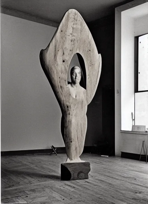 Image similar to realistic photo portrait of the a sculpture of a person in a shape of a bird made of wood, poorly designed, arte povera, fluxus, dadaism standing in the wooden polished and fancy expensive wooden museum interior room 1 9 9 0, life magazine reportage photo