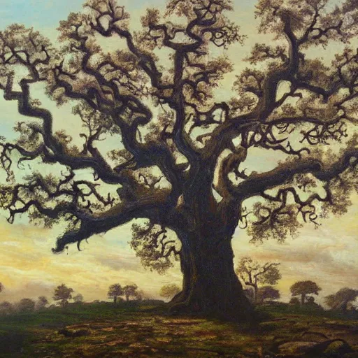 Image similar to A painting of a wizened oak tree, with the face of an old bearded man