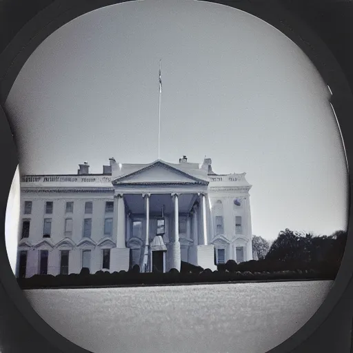 Prompt: analog polaroid photograph of a pyramidal spaceship flying over the White House in Washington D. C., award winning,