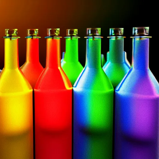 Prompt: a bottle full of a glowing rainbow liquid, high resolution, render, photorealistic