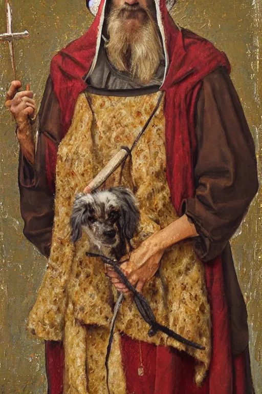 Image similar to Slavic dog head man, woolen torso in medieval clothes, Orthodox Saint Christopher, oil painting, hyperrealism, beautiful, high resolution, trending on artstation, with an axe,