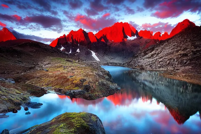 Image similar to amazing landscape photo of mountains with lake in sunset by marc adamus, beautiful dramatic lighting