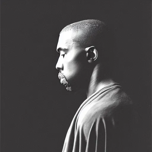 Image similar to a ( ( ( ( ( ( ( ( ( ( ( ( ( ( ( ( chiaroscuro lighting portrait ) ) ) ) ) ) ) ) ) ) ) ) ) ) ) of kanye west dressed as rick owens, black background, portrait by julia margaret cameron, shallow depth of field, 8 0 mm, f 1. 8