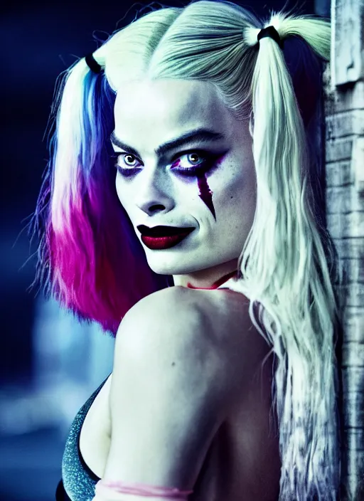 Image similar to 5 0 mm photo of beautiful suicide squad happy margot robbie with long white hair that looks like harley quinn standing on the wet street of dystopian gotham city at night, angry frown, seductive camisole, glamour fashion pose, watercolor, frank miller, moebius, jim lee, cinematic, ridley scott, lens flare, dramatic lighting, annie leibowitz