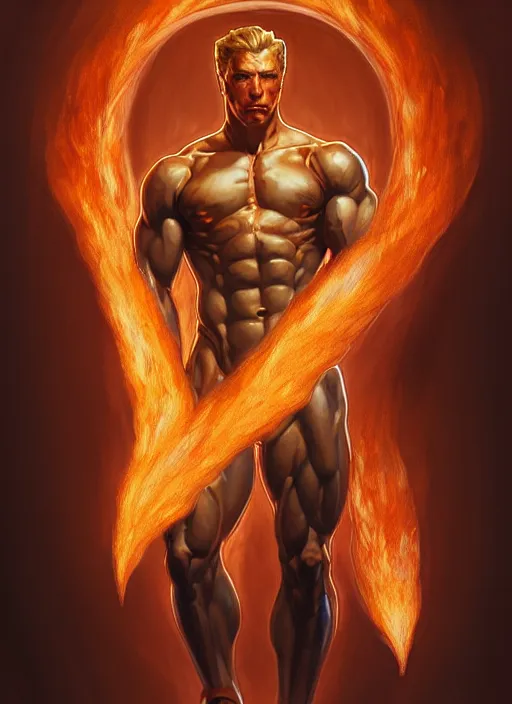 Prompt: Portrait of The Human Torch, D&D, muscular, fantasy, intricate, elegant, highly detailed, digital painting, artstation, concept art, smooth, sharp focus, illustration, art by artgerm and greg rutkowski and alphonse mucha