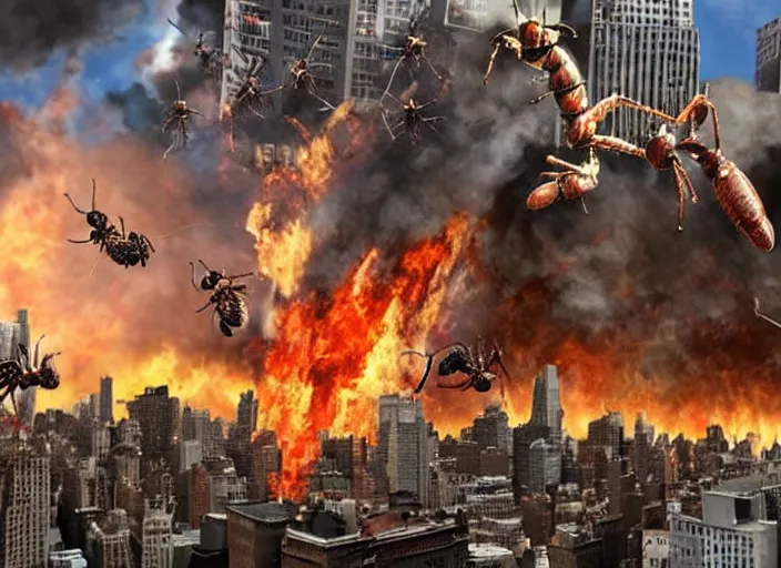 Image similar to giant ant destroying new york, fire, flames, edf earth defense force