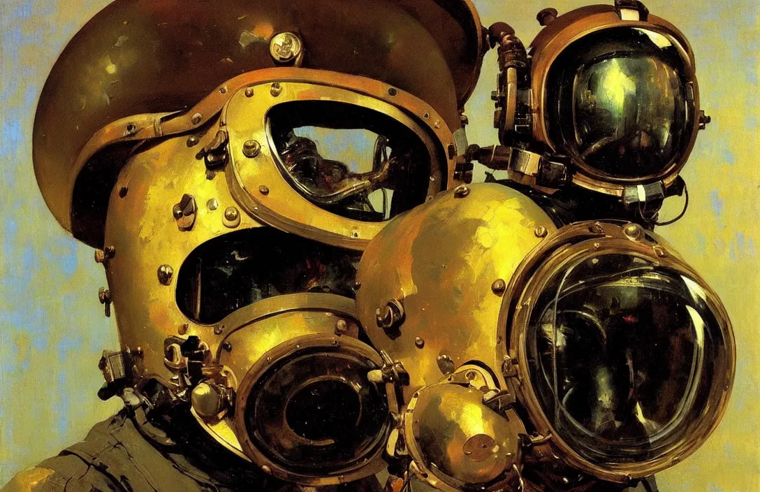 Image similar to portrait of deep sea diver helmet!!!!!!!!!!!!!!!!!!!!!!!!!!!, detailed face, detailed painting, epic lighting, by ilya repin, phil hale and kent williams