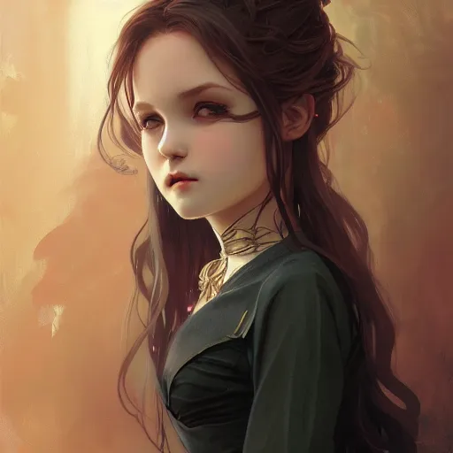 Prompt: Portrait of a beautiful young vampire girl chibi bare midriff, intricate, elegant, highly detailed, digital painting, artstation, concept art, smooth, sharp focus, illustration, art by artgerm and greg rutkowski and alphonse mucha