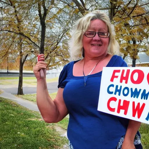 Image similar to A beautiful woman holding a sign that reads Chowning is a Fool.