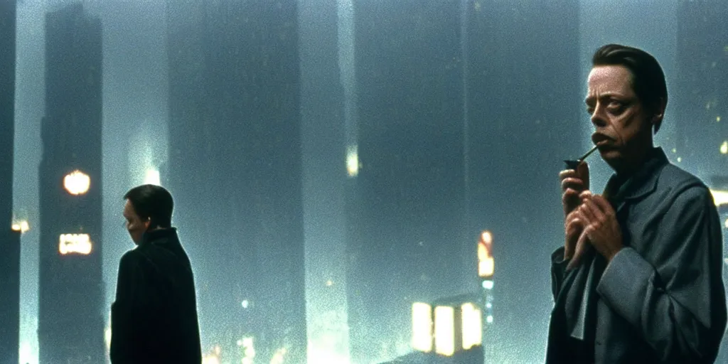 Image similar to beautiful cinematic film still of steve buscemi smoking a cigarette on a building top overlooking the rainy city in blade runner, 4 k