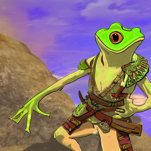 Prompt: a warrior frog in breath of the wild