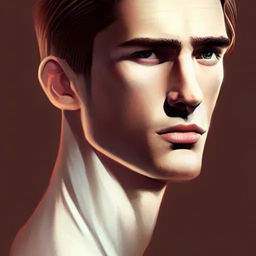 Prompt: tall man in his twenties with brown blond short quiff hair and thin round facial structure with cleft chin, straight eyebrows and prominent nose, good definition of cheekbones, big hazel nut brown eyes, narrow face, atmospheric lighting, painted, intricate, 4 k, highly detailed by charlie bowater