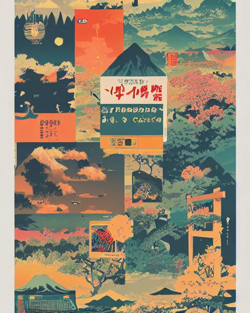 Prompt: highly creative award winning poster art collage to promote a TV series about discovering the wonders of the Japanese countryside, risograph