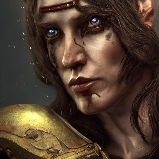 Prompt: charismatic rugged, the elder scrolls vi character brunette female portrait partially clothed in exquisitely deatiled metal - plated battle armour, atmospheric lighting, painted, intricate, volumetric lighting, beautiful, rich deep colors masterpiece, sharp focus, ultra detailed by leesha hannigan, ross tran, thierry doizon, kai carpenter, ignacio fernandez rios