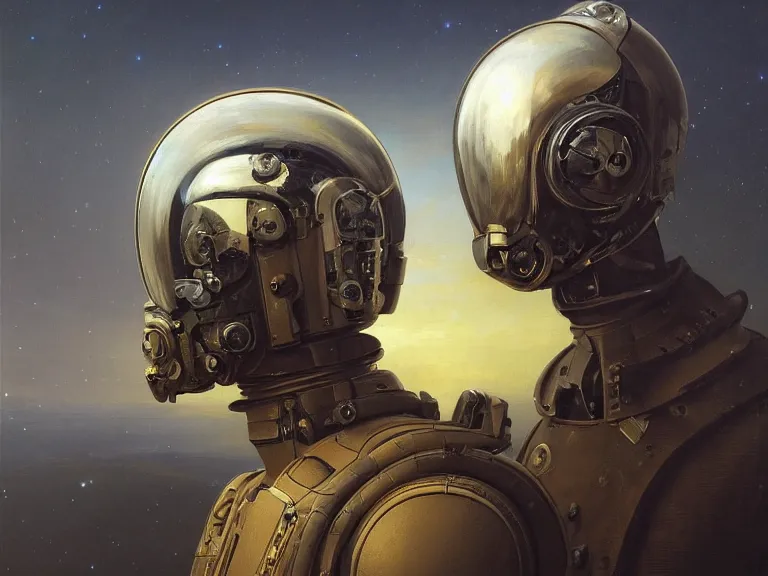 Image similar to a detailed profile oil painting of a humanoid soldier with reflective visor, flight suit, portrait symmetrical and science fiction dieselpunk theme with aurora lighting by beksinski carl spitzweg and tuomas korpi. baroque elements, full-length view. baroque element. intricate artwork by caravaggio. Trending on artstation. 8k