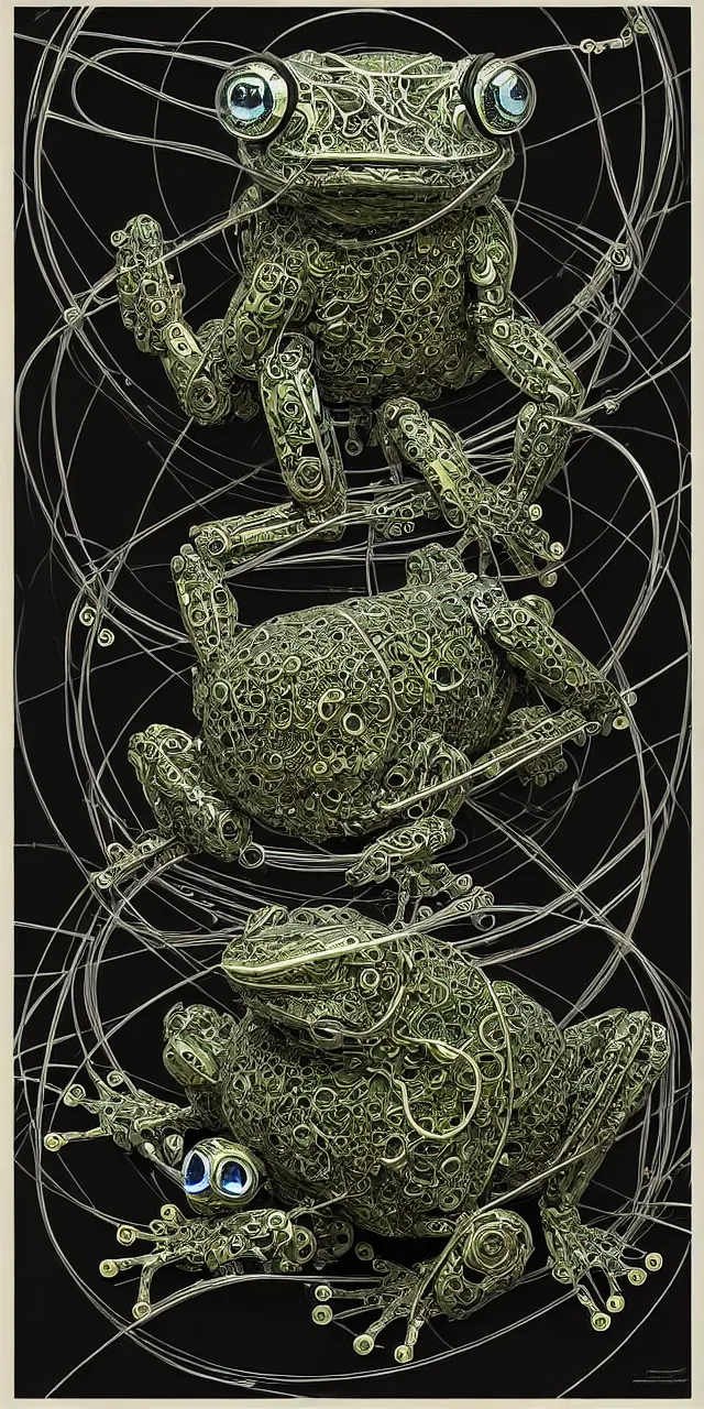 Prompt: beautiful cybernetic robotic frog and cables arranged in a damask pattern + clear glass exoskeleton, inside organic robotic tubes and parts, black background, symmetrical composition + intricate details, hyperrealism, wet, reflections + by alfonse mucha and peter mohrbacher, no blur