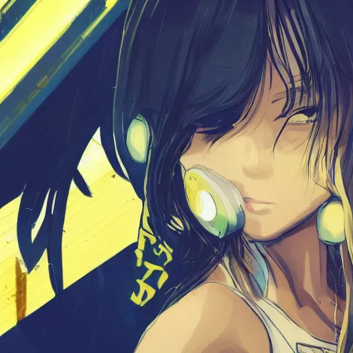 Image similar to Frequency indie album cover, luxury advertisement, yellow filter. Clean and detailed post-cyberpunk sci-fi close-up schoolgirl in asian city in style of cytus and deemo, blue flame, relaxing, calm and mysterious vibes, by Tsutomu Nihei, by Yoshitoshi ABe, by Ilya Kuvshinov, by Greg Tocchini, nier:automata, set in half-life 2, Matrix, GITS, Blade Runner, Neotokyo Source, Syndicate(2012), dynamic composition, beautiful with eerie vibes, very inspirational, very stylish, with gradients, surrealistic, dystopia, postapocalyptic vibes, depth of field, mist, rich cinematic atmosphere, perfect digital art, mystical journey in strange world, beautiful dramatic dark moody tones and studio lighting, shadows, bastion game, arthouse