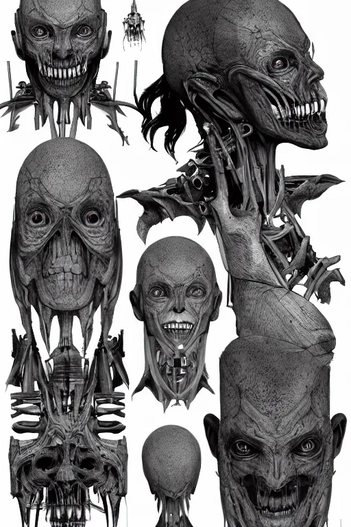 Prompt: vampire with gunmetal grey skin, medical anatomy, very symmetrical face, highly detailed, mecha, three - perspective / three - view reference sheet ( front / back / side ), in the style of dan ouellette, hr giger, sil from species, dren from splice, biomechanical, artstation, unreal engine