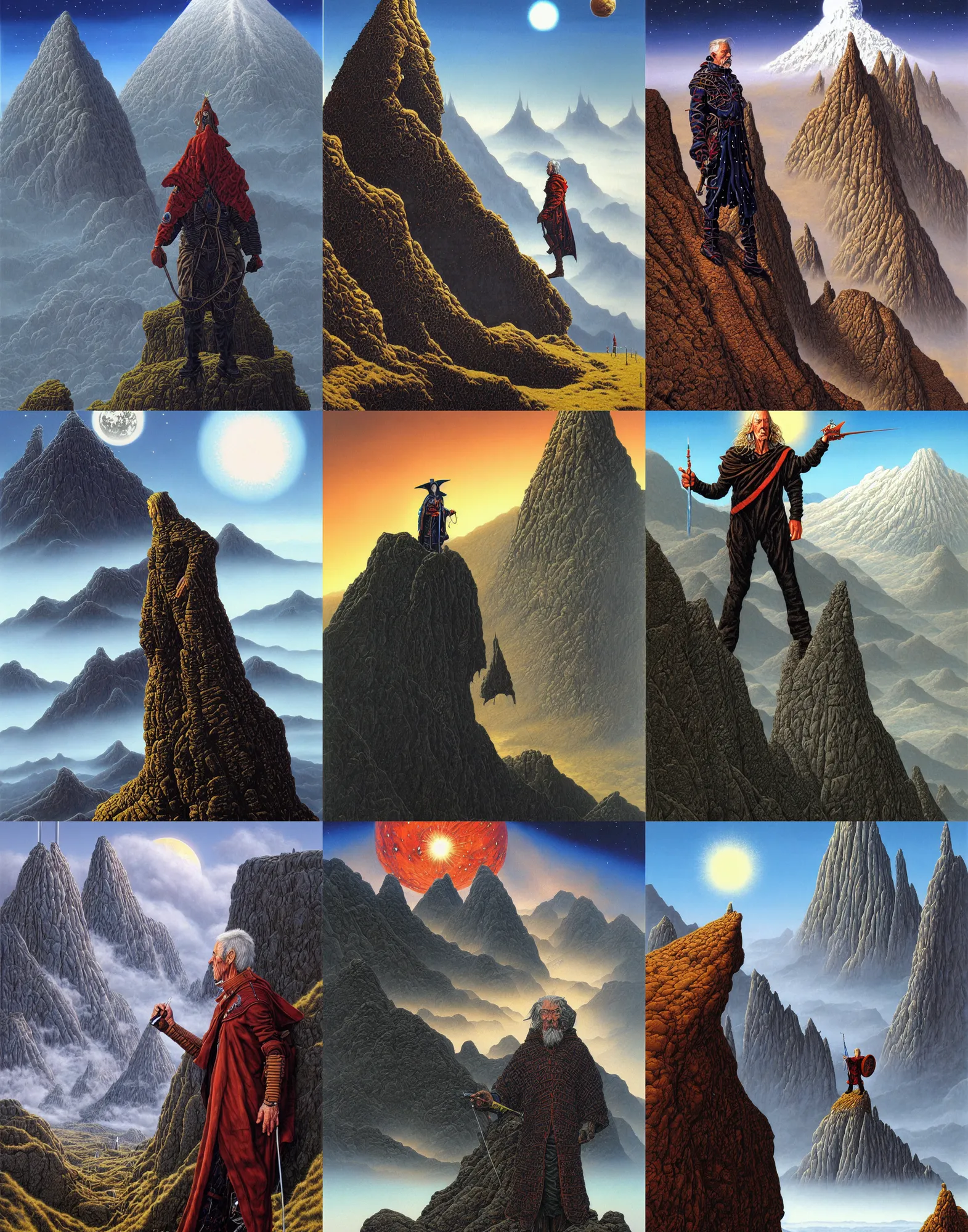 Prompt: peter elson painting of highly detailed wizard with a mountain background