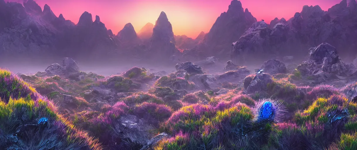 Prompt: alien landscape, epic mountains, chrome, neon, cobalt, sunset, misty, strange plants, 4 k, photoshop, photorealistic