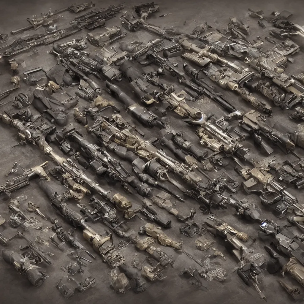 Image similar to kaleidoscope of machine guns, shotguns, rifles, revolvers, bullets, ultra-realistic, intricate details, 4k