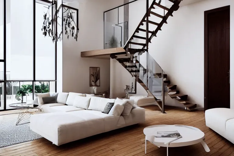 Image similar to Minimalistic Livingroom with a staircase, wooden floor, white L shaped couch, wooden coffee table, Big chandelier, Big Windows, 8k Realistic