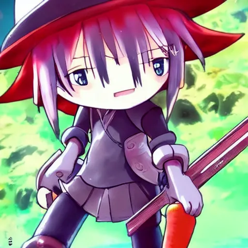 Image similar to cute android humanoid with big tomato hat and a carrot sword, made in abyss style, anime