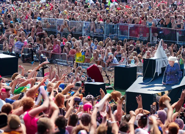 Image similar to photo still of queen elizabeth on stage at vans warped tour!!!!!!!! at age 7 0 years old 7 0 years of age!!!!!!! stage diving into the crowd, 8 k, 8 5 mm f 1. 8, studio lighting, rim light, right side key light