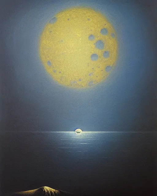 Image similar to beksinski painting. moon fall over the ocean by zdzislaw beksinski, oil on canvas