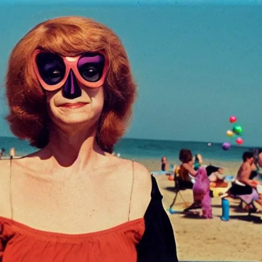 Image similar to 1976 middle aged woman wearing a transluscent inflatable toy head at the seaside 1976 French film archival footage technicolor film expired film 16mm Fellini new wave John Waters