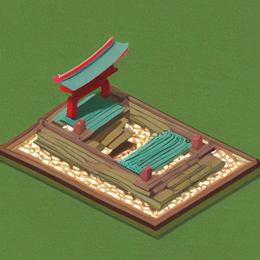 Image similar to an isometric 3 d render of a shinto shrine in the forest, isometric